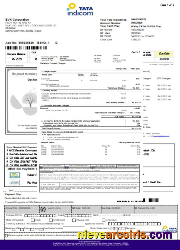 Tata Indicom mobile utility business bill, page 2